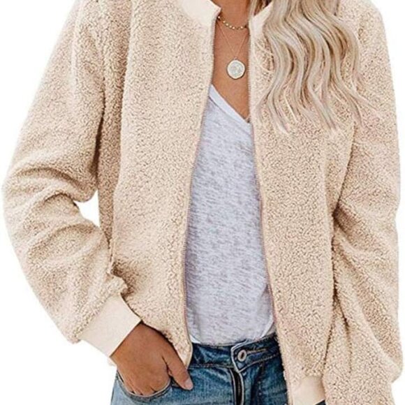 Women's Sherpa Fleece Jacket Faux Fuzzy Long Sleeve Casual Zip Up Bomber Coat
